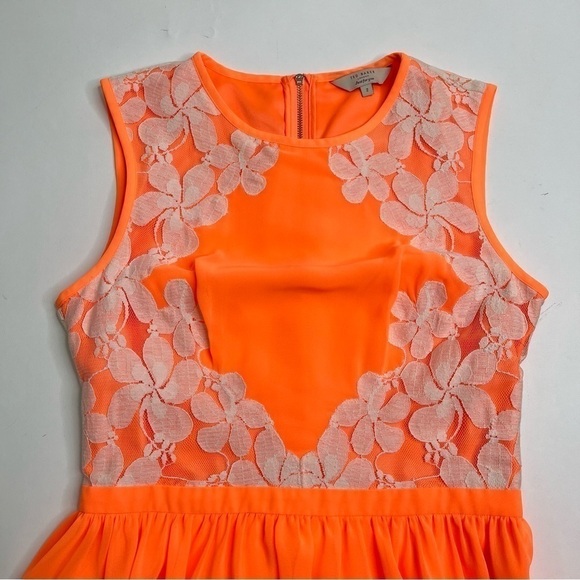 Ted BAKER London Neon Orange Chiffon White Lace Fit & Flare Vember Mini Dress - Picture 5 of 16